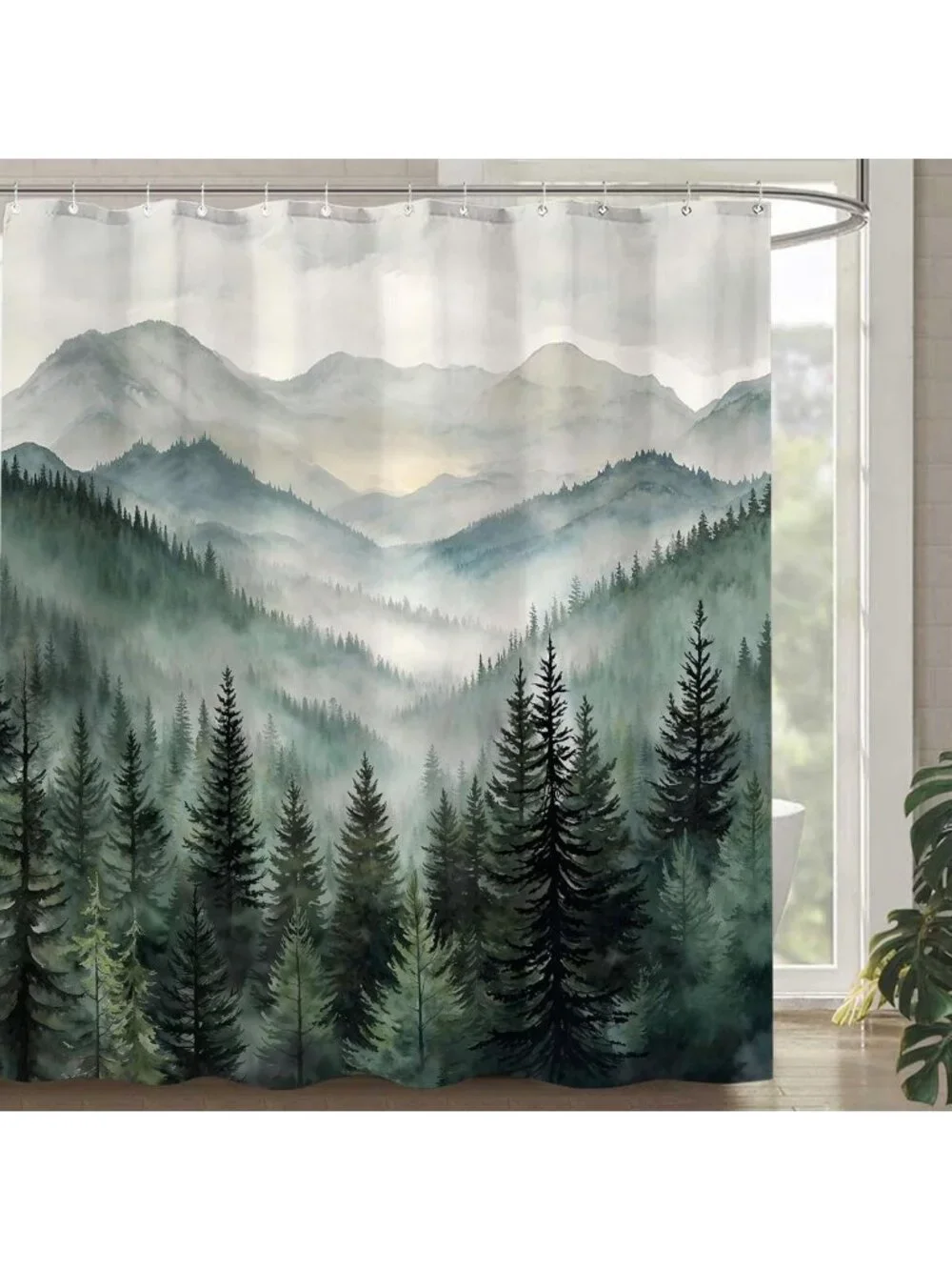 Misty Pine Tree Shower Curtain - Dark Green Forest Nature Decor, Waterproof